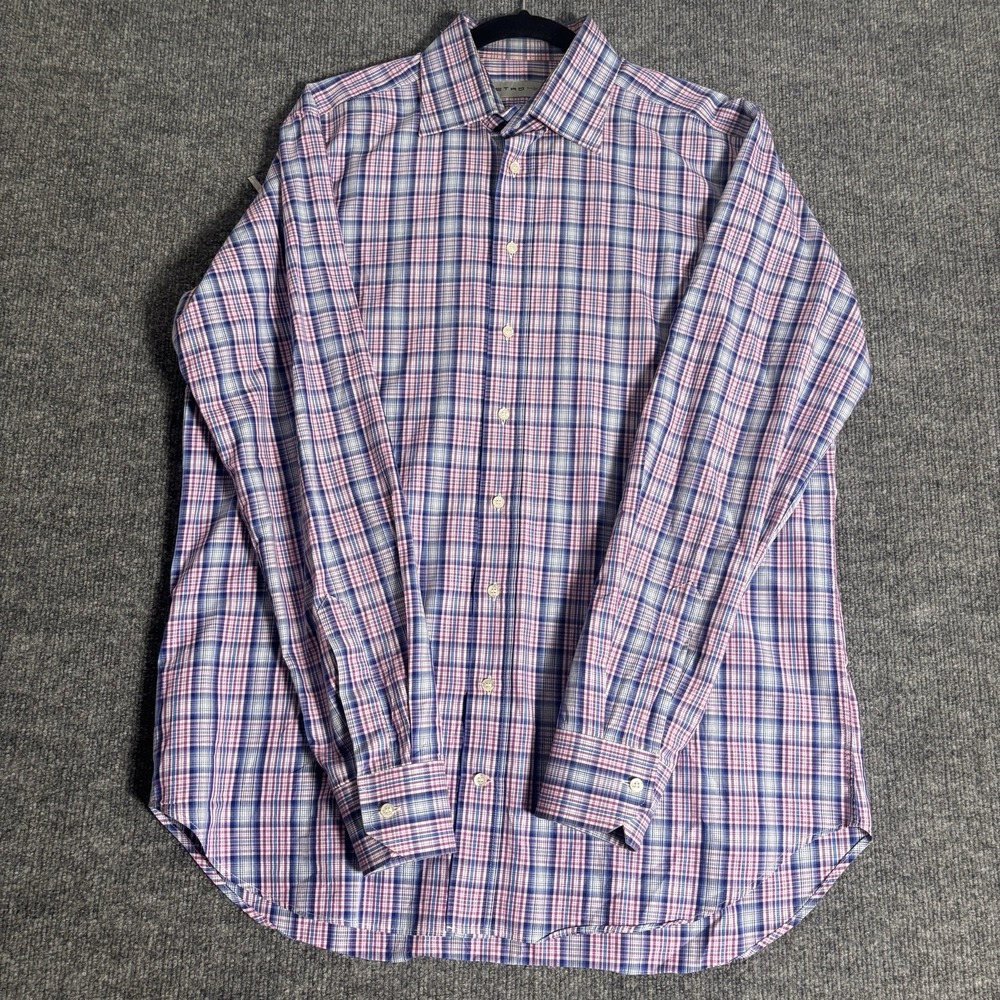 Ermenegildo Zegna Button Down Shirt 16.5 42 Pink Purple Plaid Regular Fit Cotton